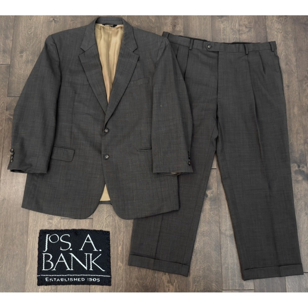Jos A Bank Men Olive Brown Size 46R Suit 2PC 100% Wool Jacket/Pleated Pant 41X28